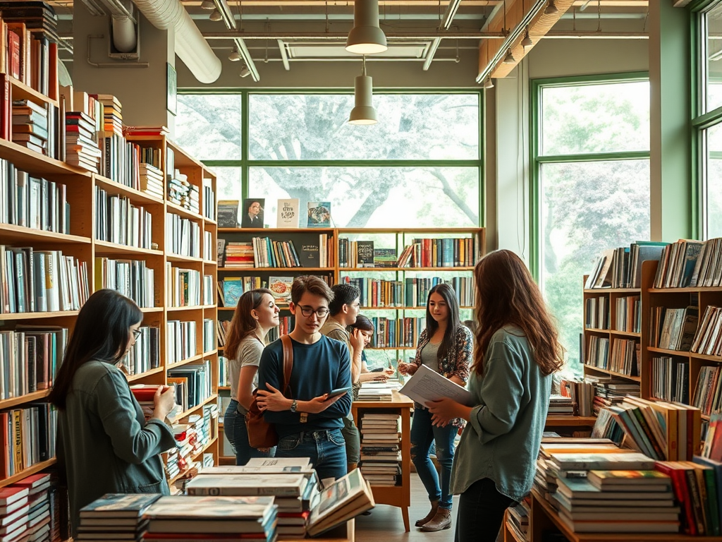Группа людей в библиотеке обсуждает книги, окруженная полками с литературой и большими окнами.