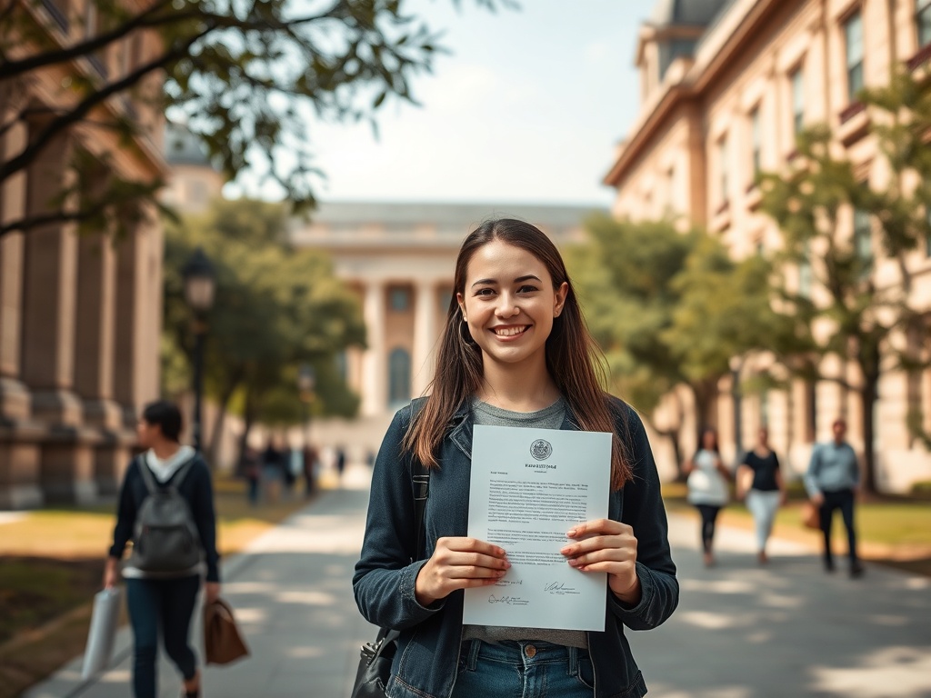 Улыбающаяся девушка держит документ на фоне университетского campus. Люди проходят мимо.