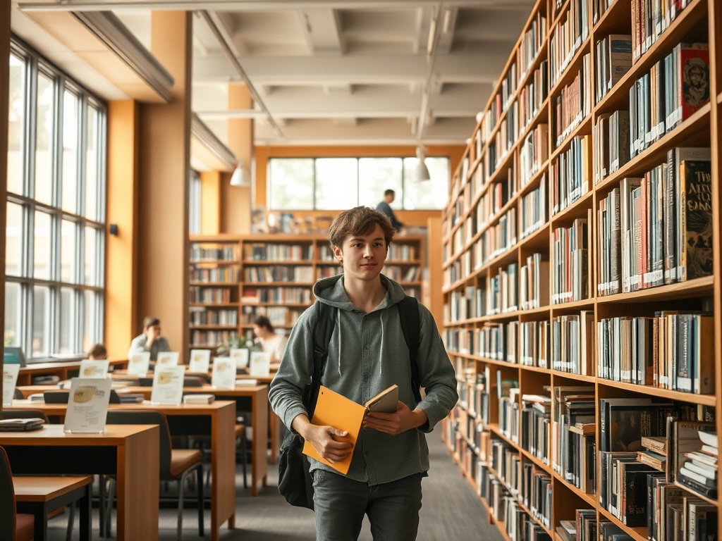 Молодой человек с учебниками идет по библиотеке между стеллажами с книгами. Яркий и уютный интерьер.