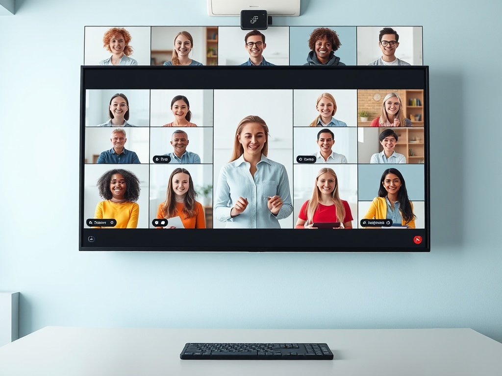 Картинка с участниками видеозвонка, улыбающимися и обсуждающими что-то на экране большого телевизора.