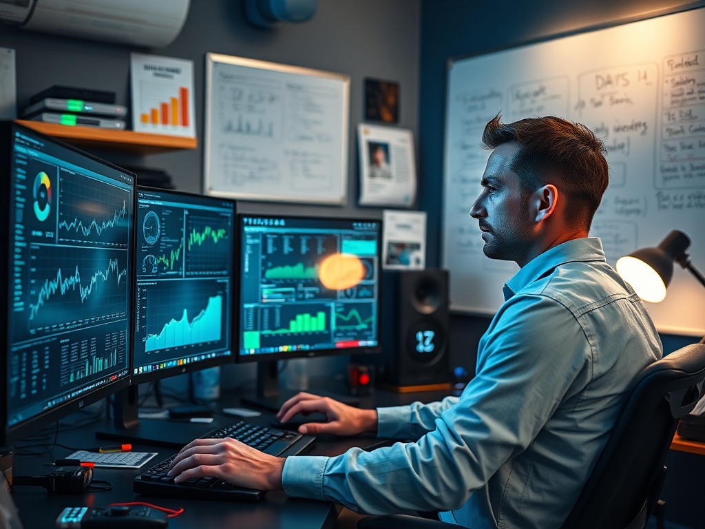 Человек работает за компьютером в офисе, анализируя графики и данные на нескольких экранах.