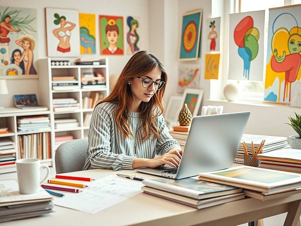Молодая женщина работает за компьютером в креативном офисе, окружённая яркими картинами и канцелярией.