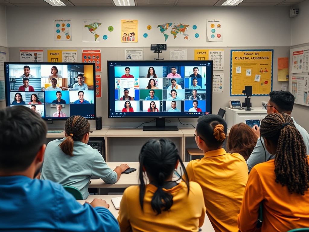 Студенты участвуют в онлайн-занятии, наблюдая за экранами с видео встречами. Учебная атмосфера.