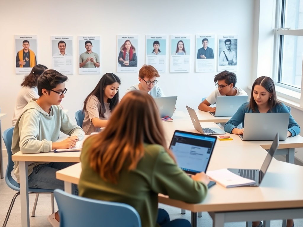 В группе учёбе молодые люди работают за ноутбуками в светлом классе с постерами на стене.