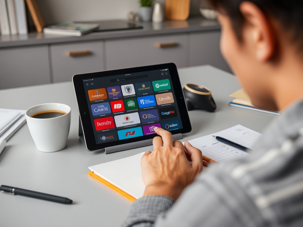 На изображении мужчина смотрит на планшет с логотипами различных компаний и пьёт кофе.