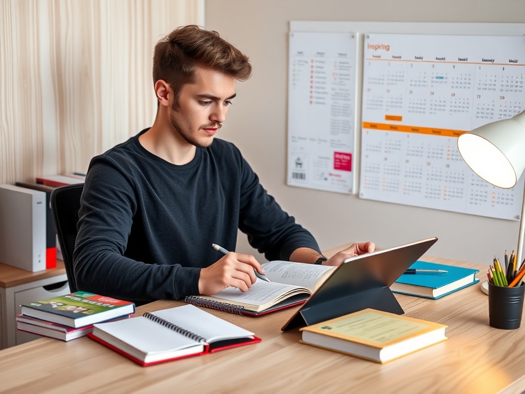 Молодой человек сидит за столом, читая книгу и записывая заметки, на столе учебники и календари.