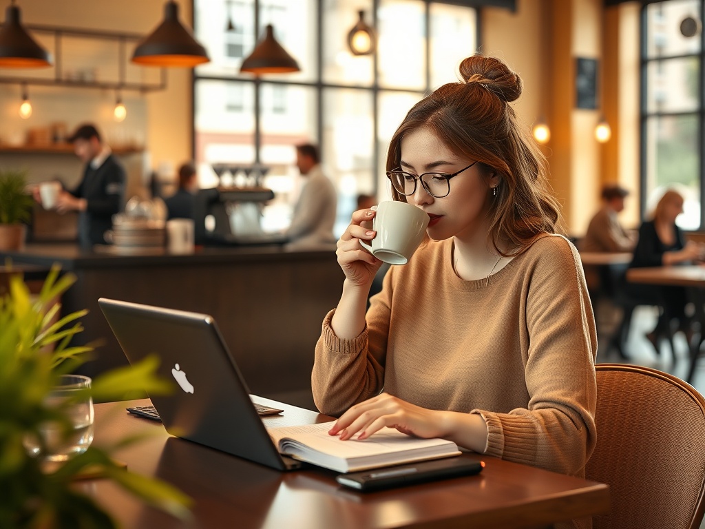 Девушка в кофейне читает книгу и пьет кофе, перед ней открыт ноутбук. Атмосфера уютная и спокойная.