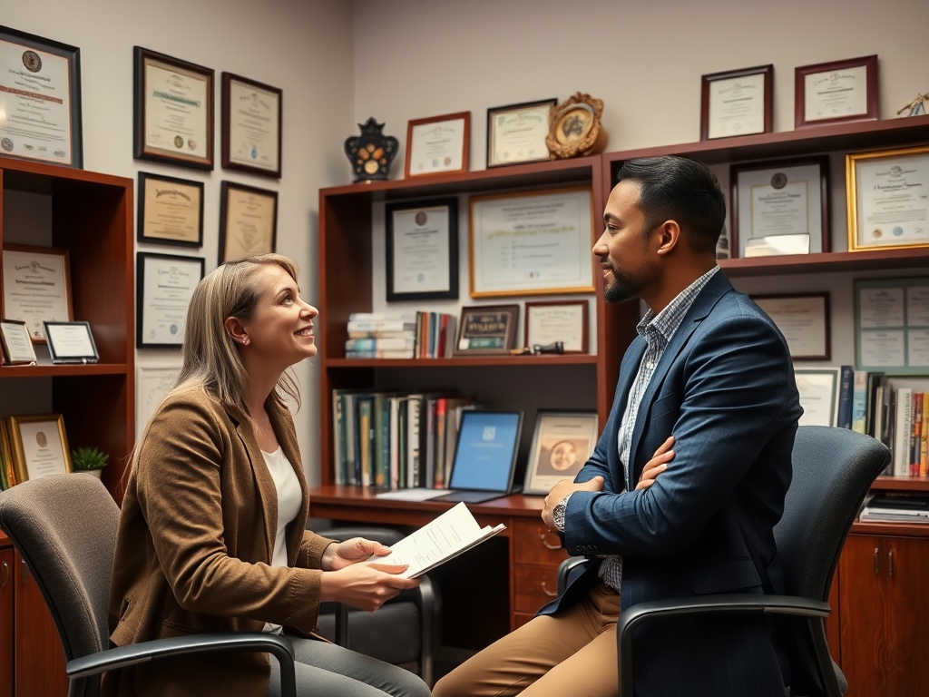 Два человека в офисе беседуют, окруженные сертификатами и книгами. Женщина держит документы в руках.