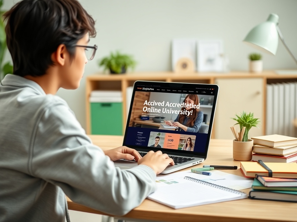 Молодой человек изучает сайт аккредитованного онлайн-университета на ноутбуке в уютном офисе.