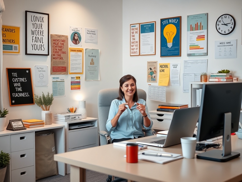 На изображении женщина сидит в офисе, окруженная заметками и графиками, улыбается и работает за компьютером.