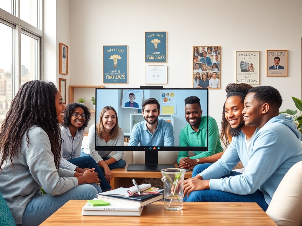 Группа людей общается по видеосвязи, сидя в уютной комнате с растениями и художественными работами на стенах.