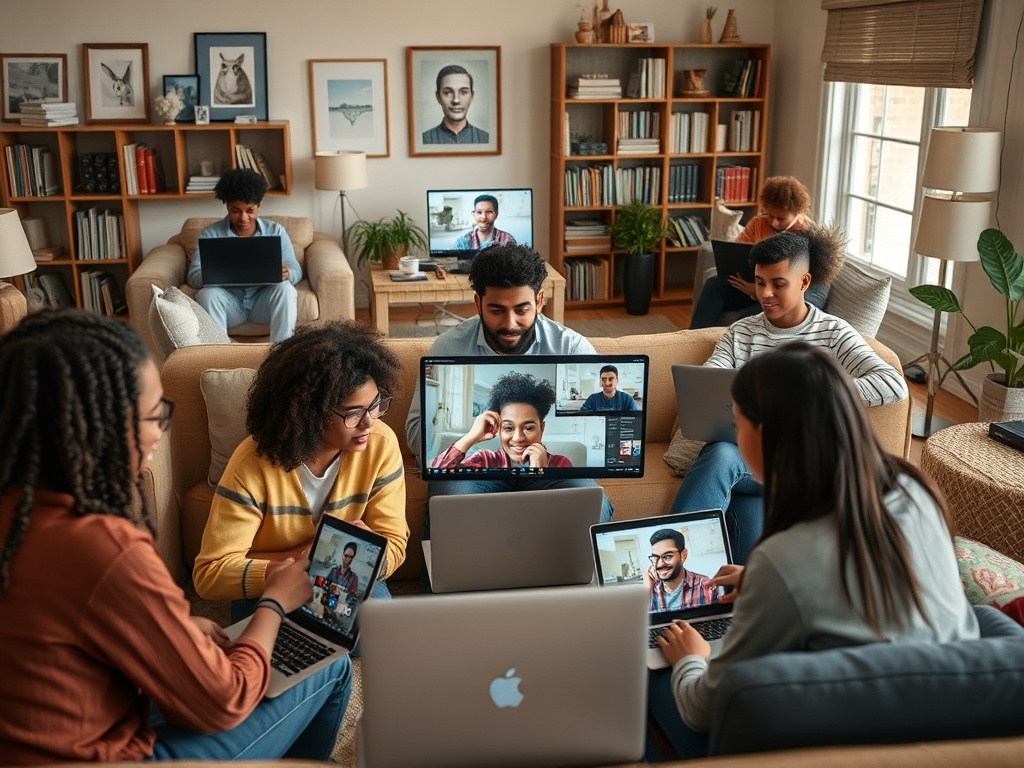 Группа молодых людей общается по видеосвязи, сидя с ноутбуками и планшетами в уютной комнате.