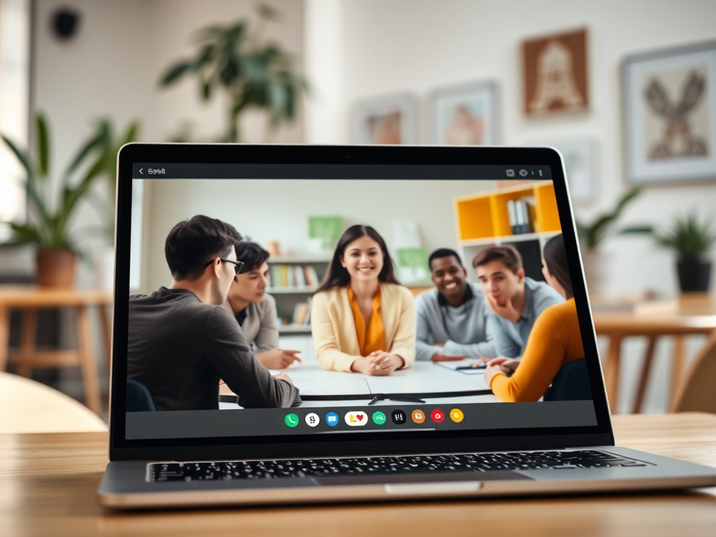 Группа людей улыбается и общается во время видеозвонка на ноутбуке в уютном офисе.
