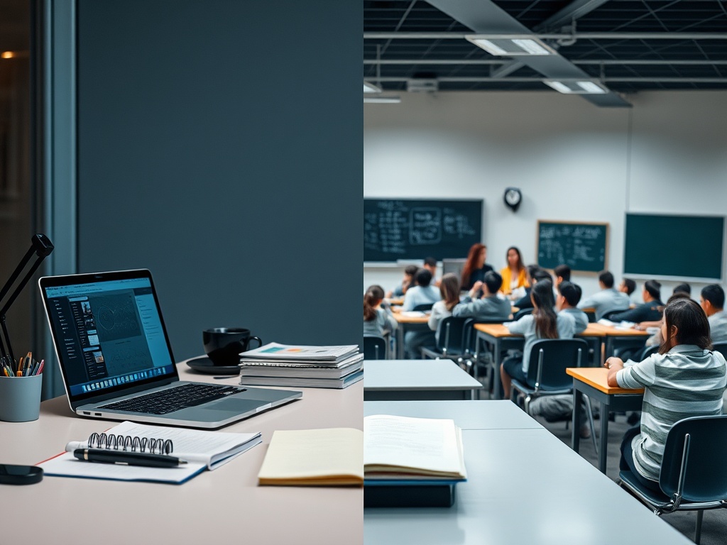 На изображении видно рабочее место с ноутбуком и класс, где ученики слушают учителя.
