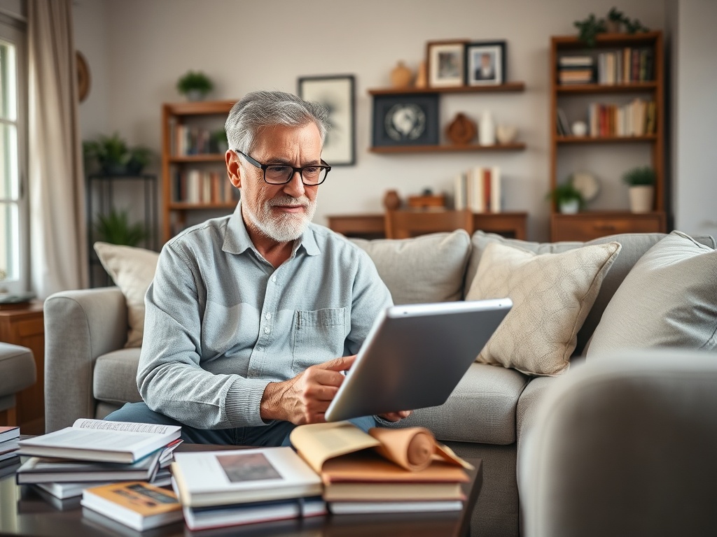 Пожилой мужчина с густой бородой сидит на диване и использует планшет среди книг на столе.