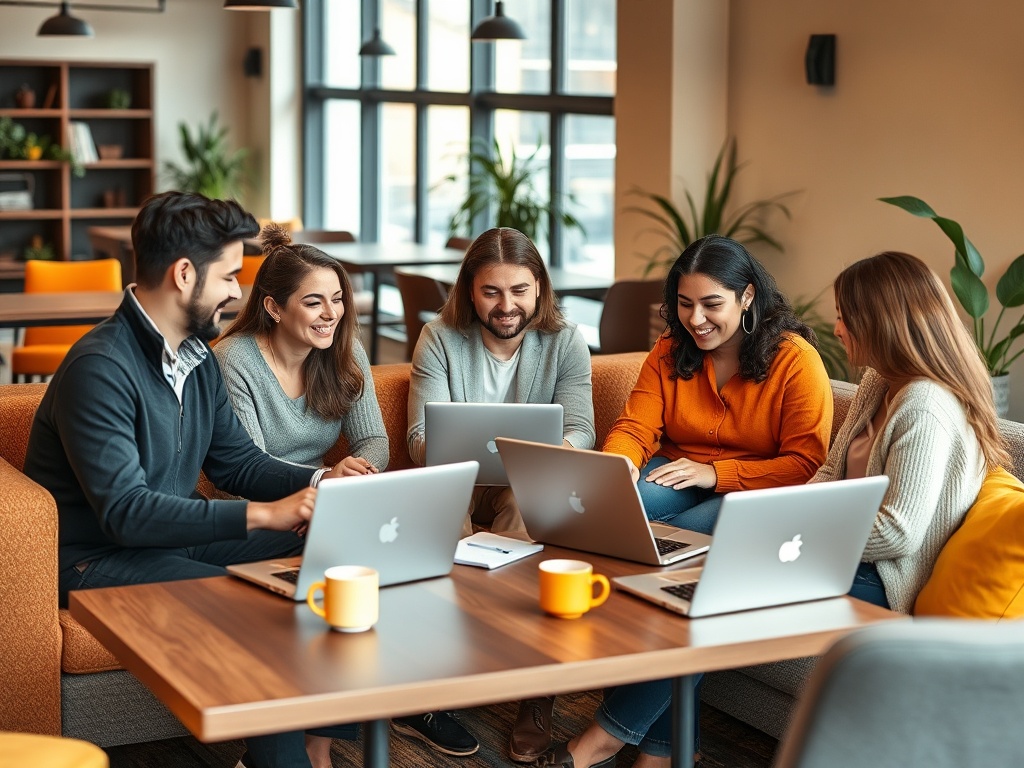 Научная группа из пяти человек обсуждает проекты за столом, окруженным растениями в современном офисе.