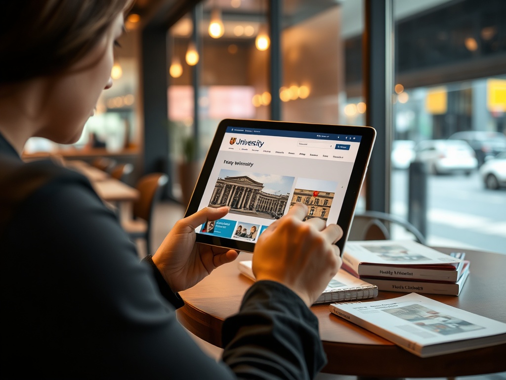 Женщина с планшетом в кафе, просматривающая сайт университета. На столе книги и блокнот.