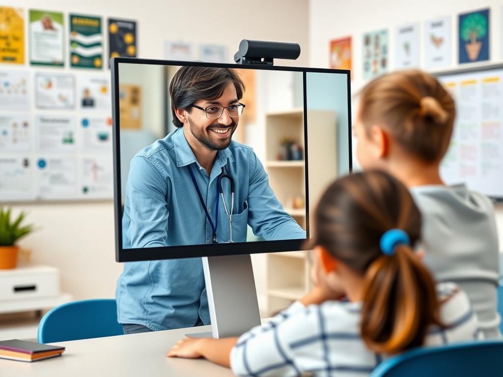 Врач улыбается, общаясь с детьми через видеозвонок в дружелюбной обстановке.