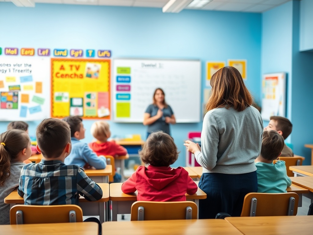 В классе учитель объясняет новый материал детям, сидящим за партами. Яркие плакаты на стенах.