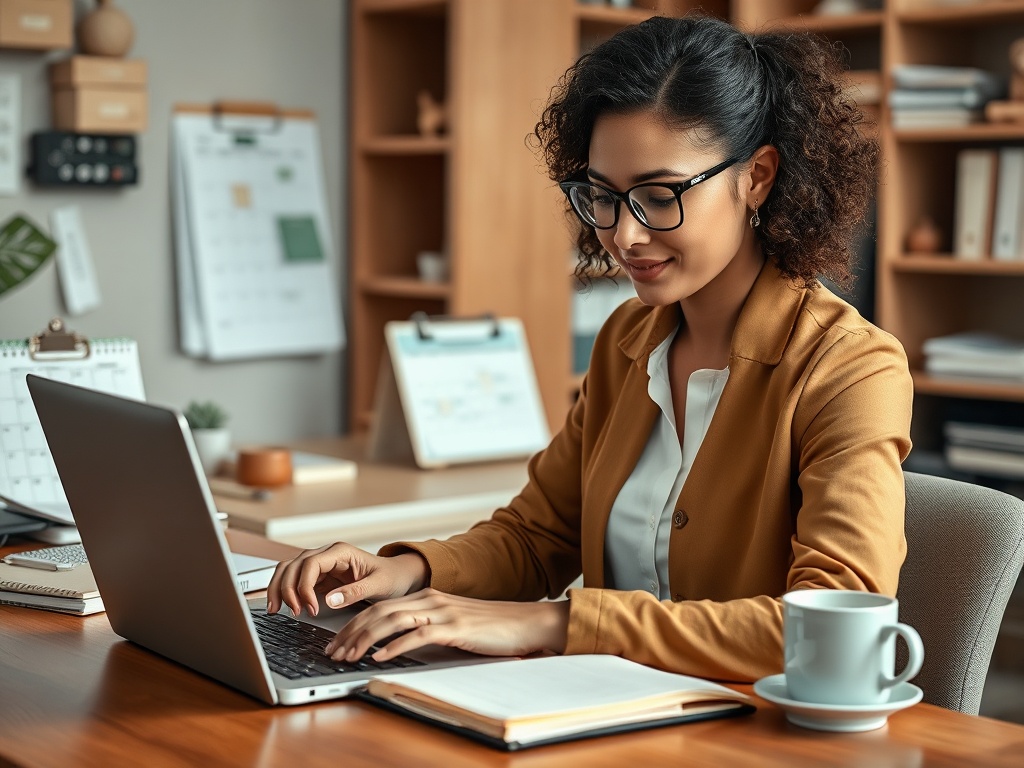 Женщина с кудрявыми волосами работает за ноутбуком в уютном офисе, вокруг книги и офисные принадлежности.