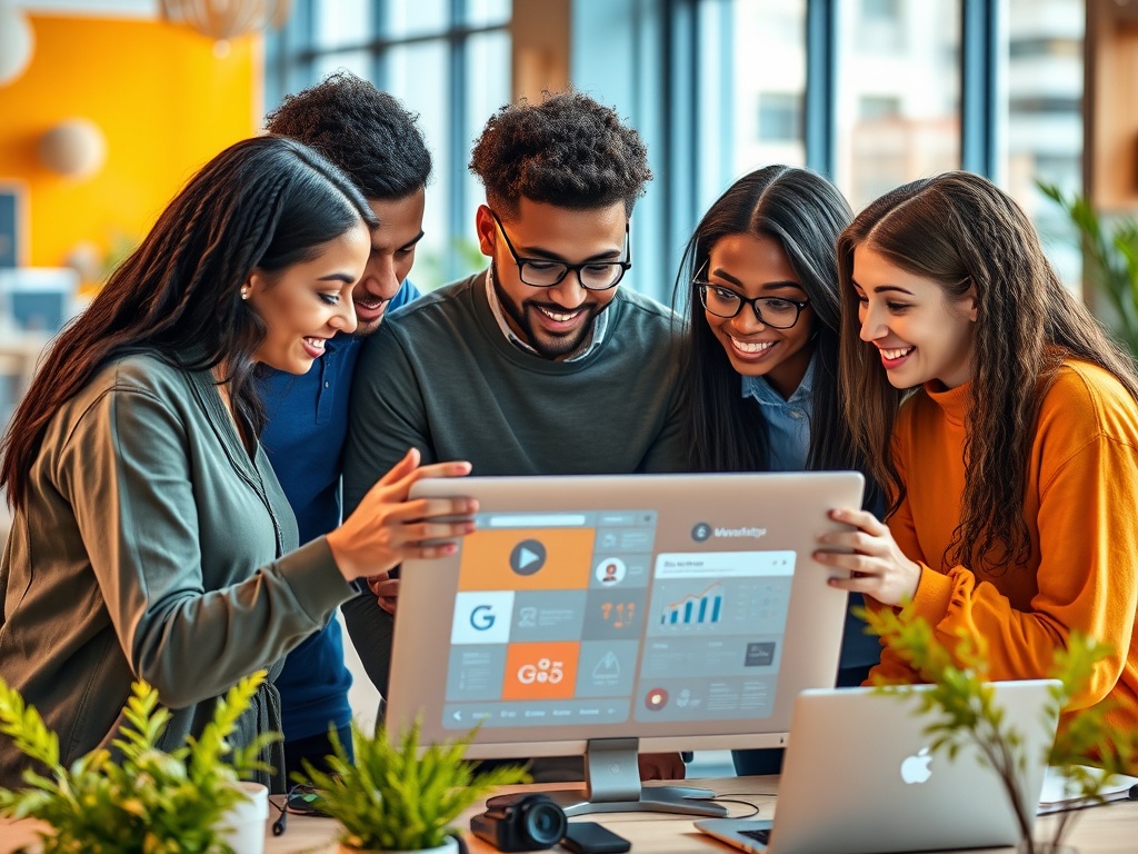 Группа из пяти человек радуется, смотря на экран компьютера в светлом помещении с большими окнами.