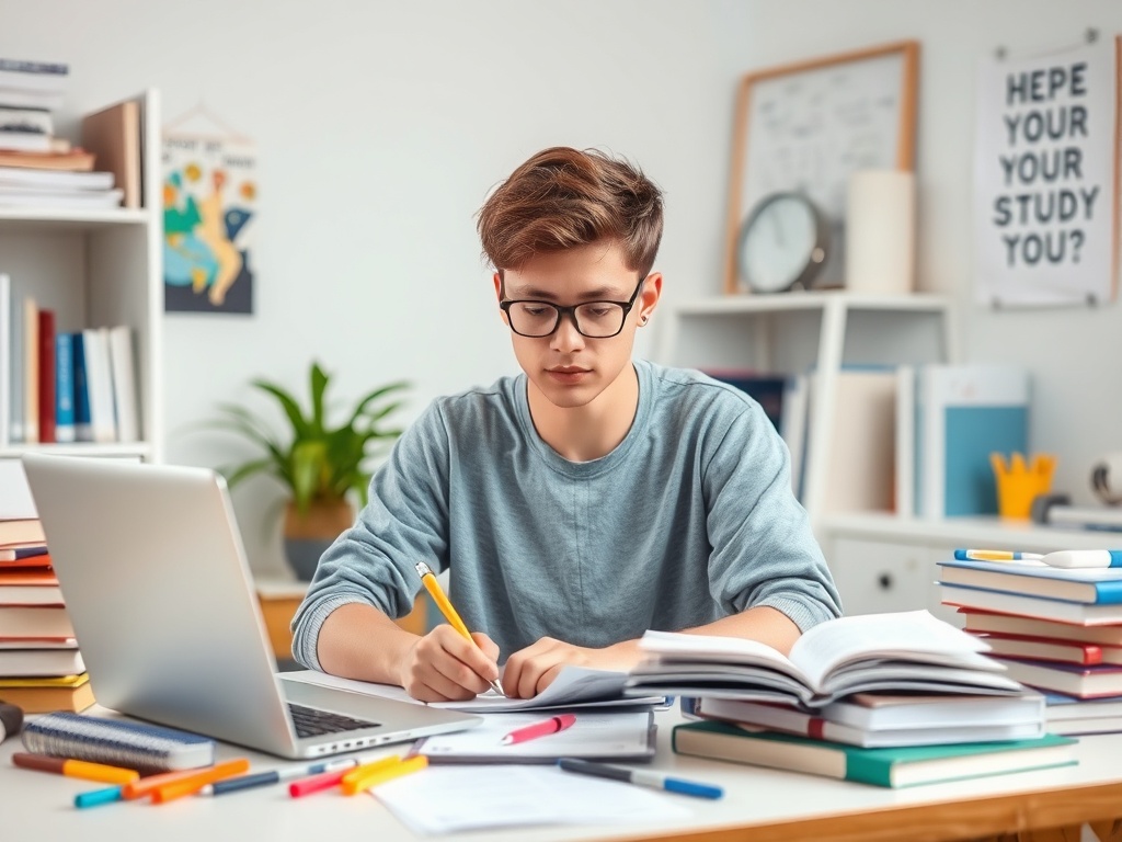 Подросток учится за столом с ноутбуком, книгами и канцелярскими принадлежностями вокруг.