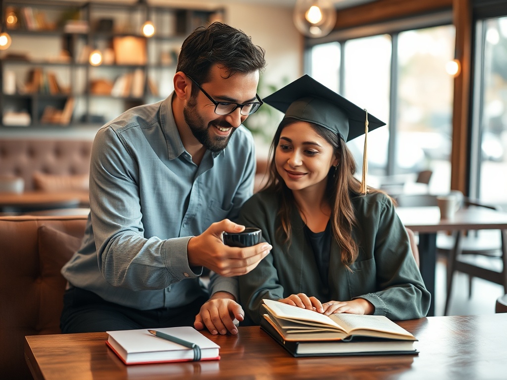 Счастливая пара в кафе: женщина в выпускной шапке смотрит на телефон, мужчина улыбается, рядом книги и блокнот.