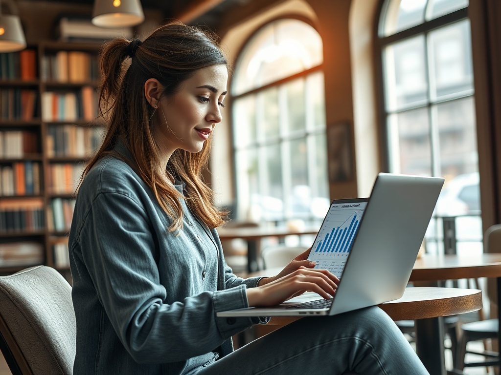 Женщина с длинными волосами работает на ноутбуке в кафе с книжными полками на фоне.