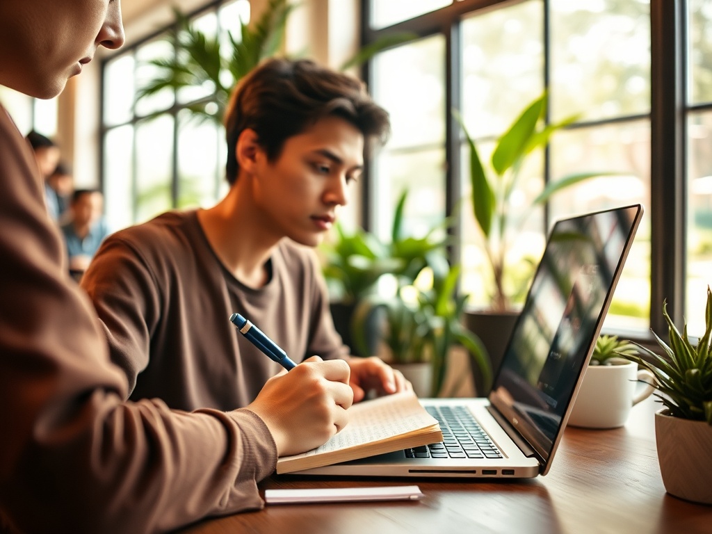 Молодой человек пишет в блокноте, сидя за столом с ноутбуком и растениями на фоне.