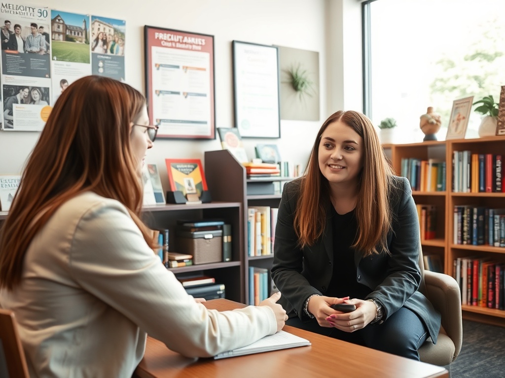 Две женщины сидят за столом в офисе, обсуждая информацию на фоне книжных полок и стендов с рекламой.