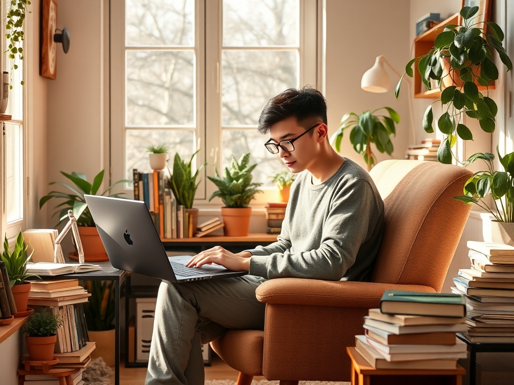 Молодой человек за ноутбуком в уютной комнате, окружённой растениями и книгами. Яркий солнечный свет.