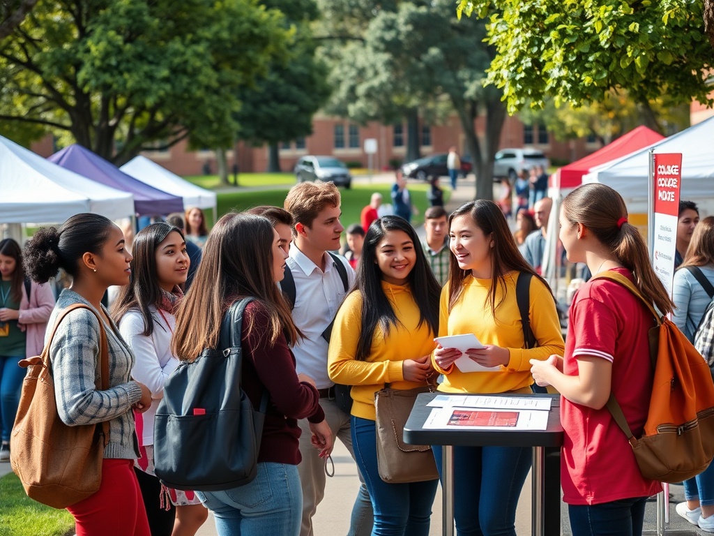 Студенты общаются на открытом мероприятии на улице, обсуждая информацию и программы учебного заведения.