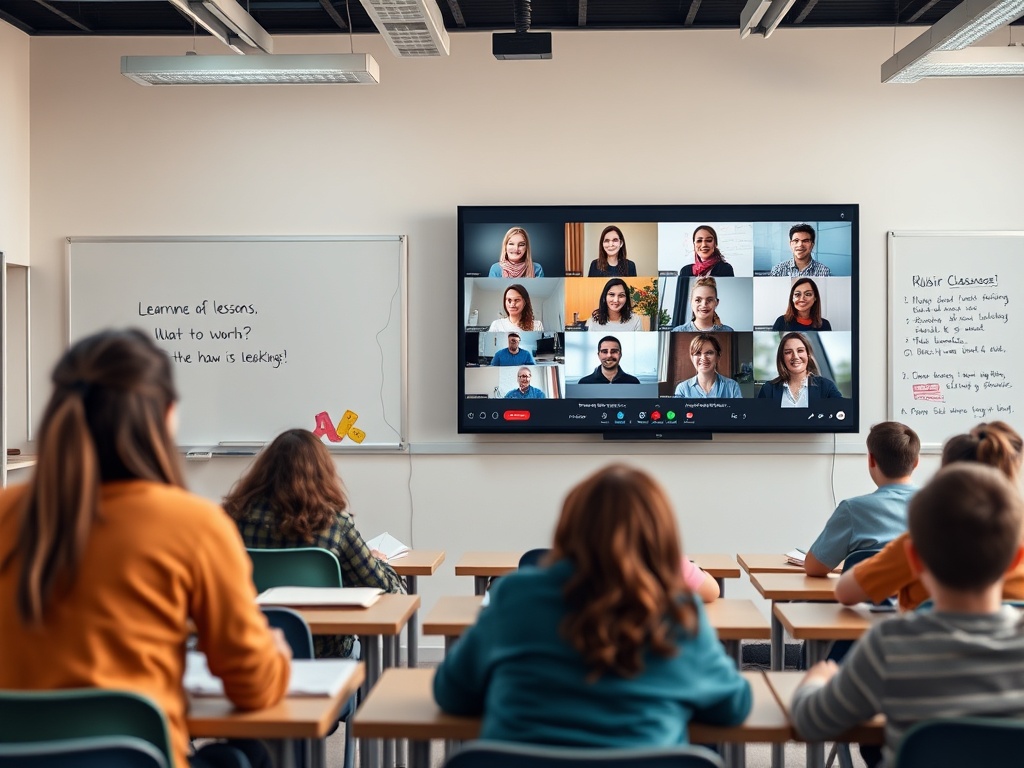 Ученики в классе внимательно слушают онлайн-занятие с участниками на экране.