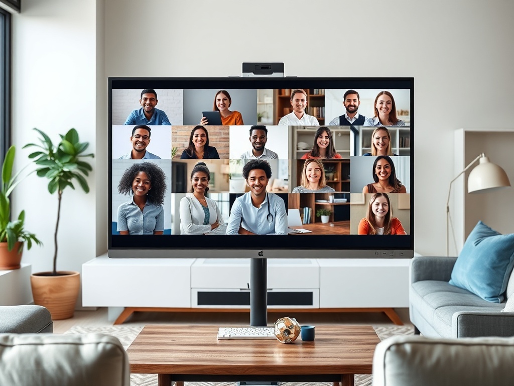 На экране видеозвонка 12 улыбающихся людей, работающих удаленно, с уютной обстановкой в комнате.