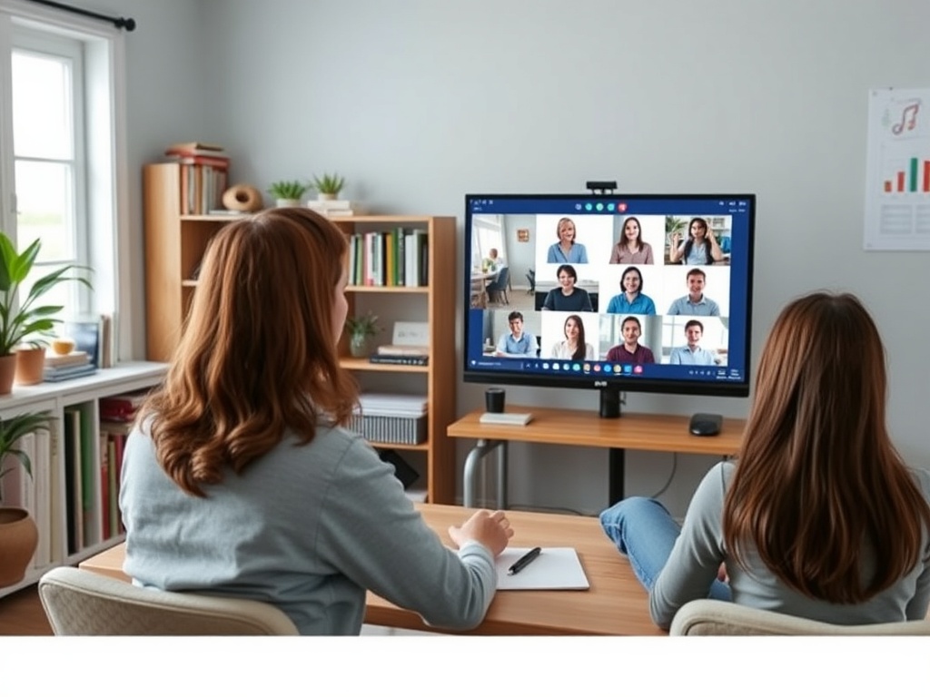 Два человека участвуют в видеоконференции, общаясь с группой людей на экране компьютера.