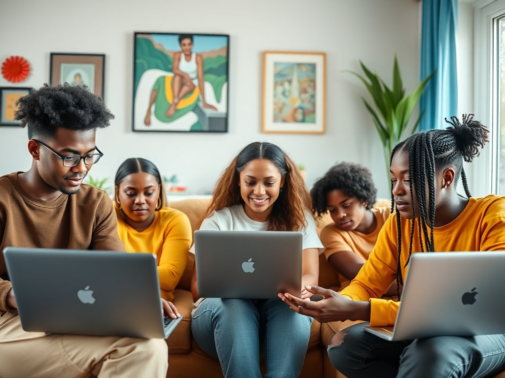 Группа людей за компьютерами на диване, обсуждающих проект в светлой уютной комнате.