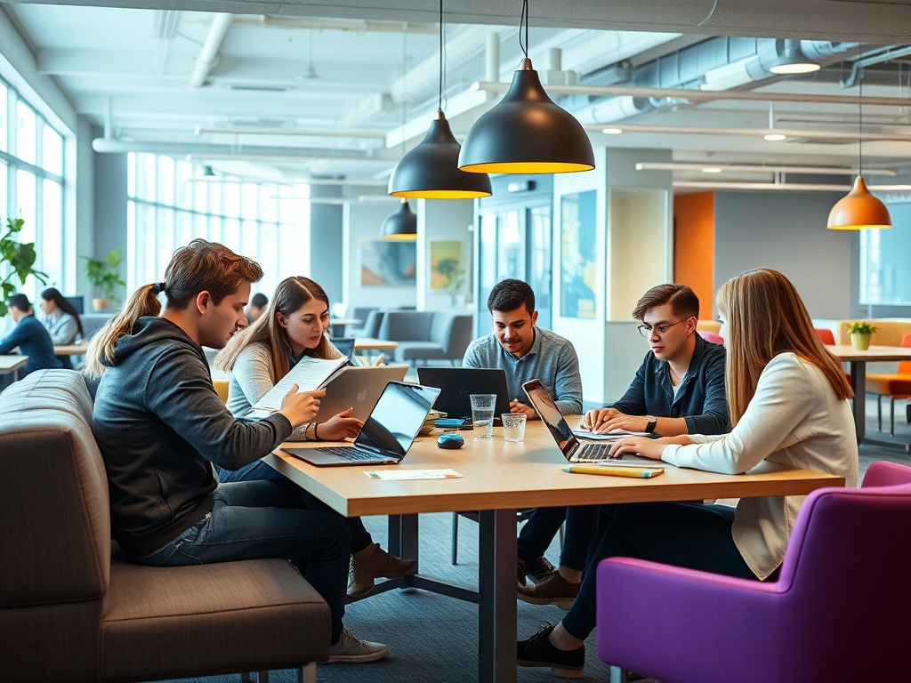 Группа молодых людей работает за столом в современном офисе, используя ноутбуки и обсуждая идеи.