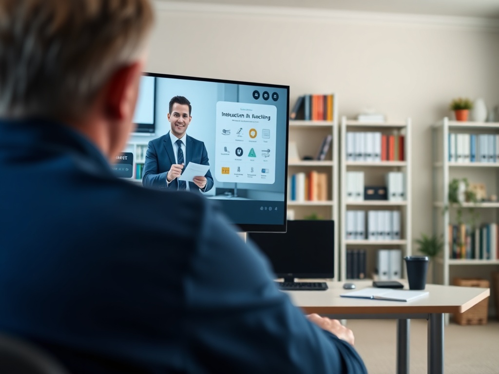 На экране видеозвонка мужчина в костюме проводит обучение, сидя перед столом в офисе.