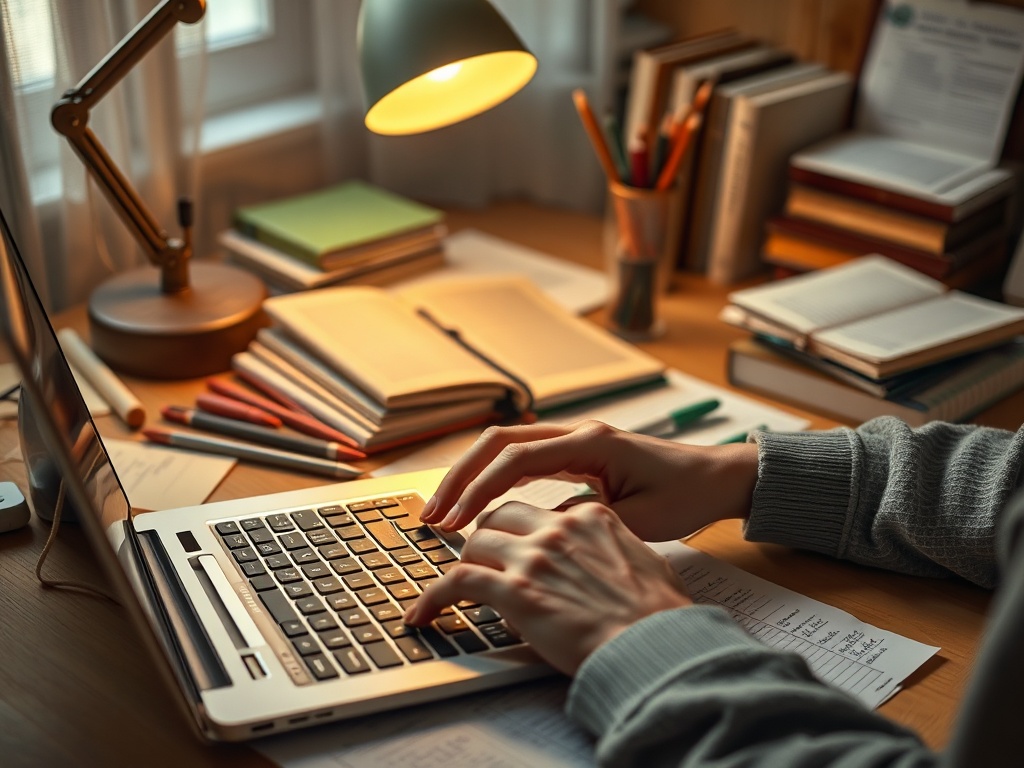 Рабочий стол с ноутбуком, книгами и канцелярскими принадлежностями. Человек печатает на клавиатуре.