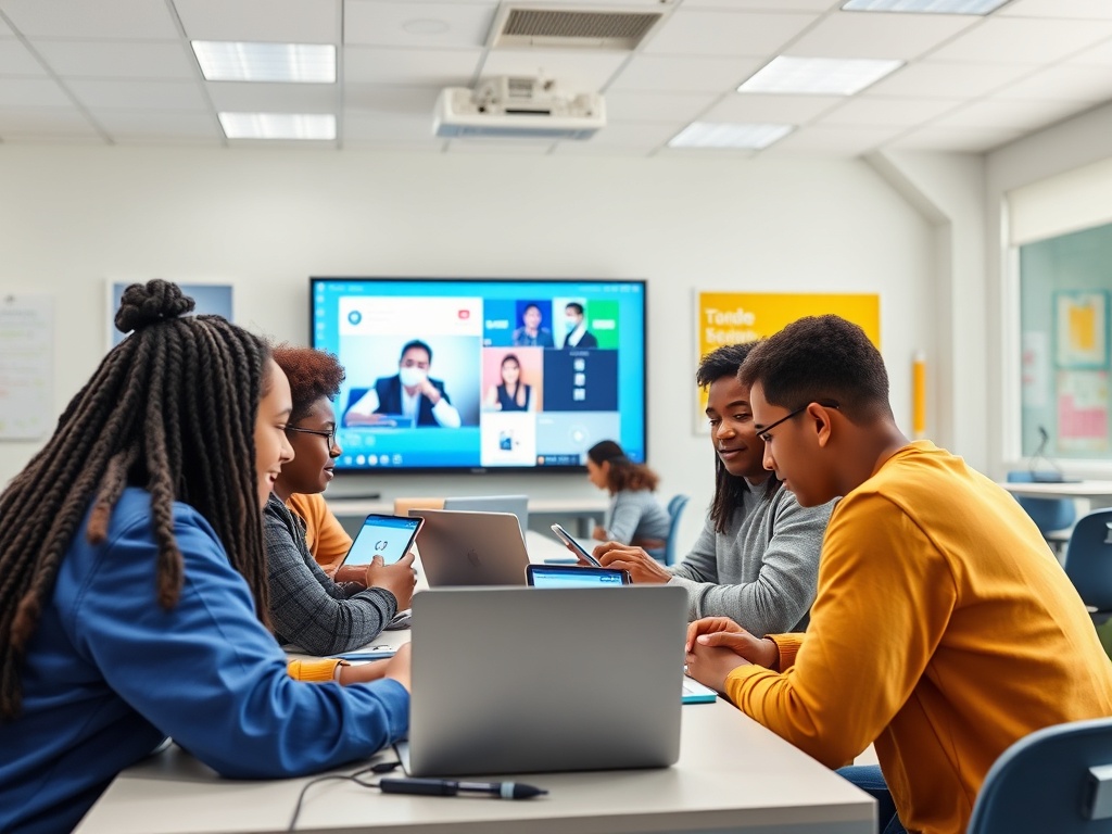 Группа студентов обсуждает проект, используя компьютеры и планшеты в современном классе с экраном.