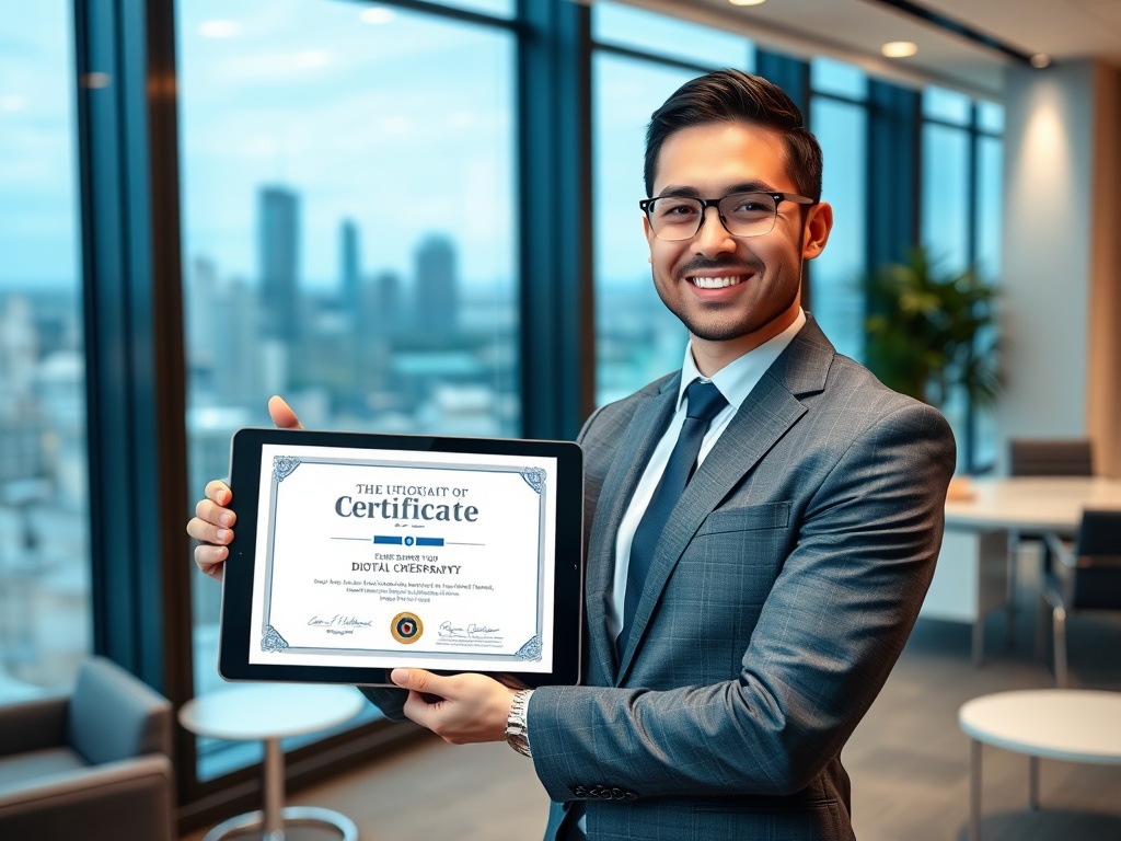 Молодой мужчина в костюме держит сертификат о прохождении курса цифровой грамотности на фоне современного офиса.