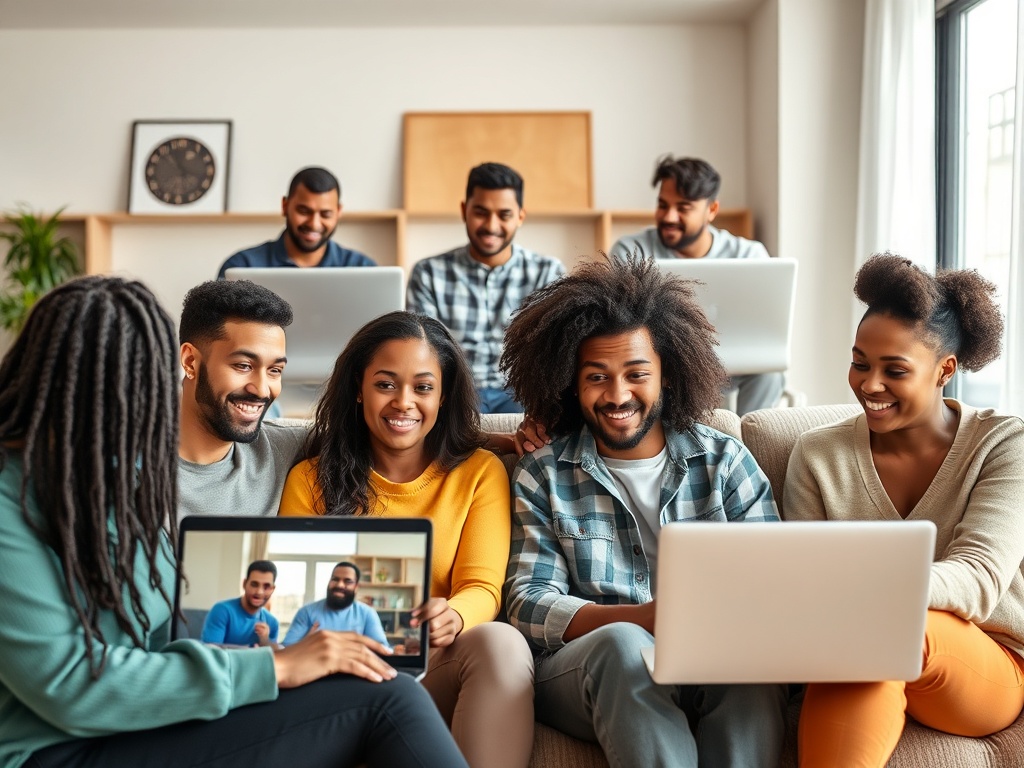 Группа людей улыбается, общаясь по видеосвязи с ноутбуками и планшетом в уютной комнате.