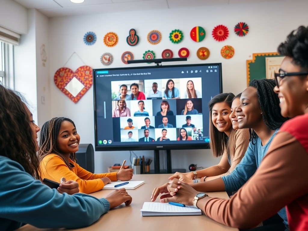 Группа людей обсуждает что-то за столом, изображение видеозвонка отображается на экране.