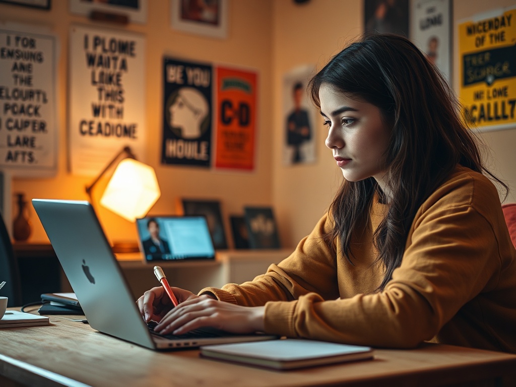 Молодая женщина в оранжевом свитере работает за ноутбуком в уютном офисе с постерами на стенах.