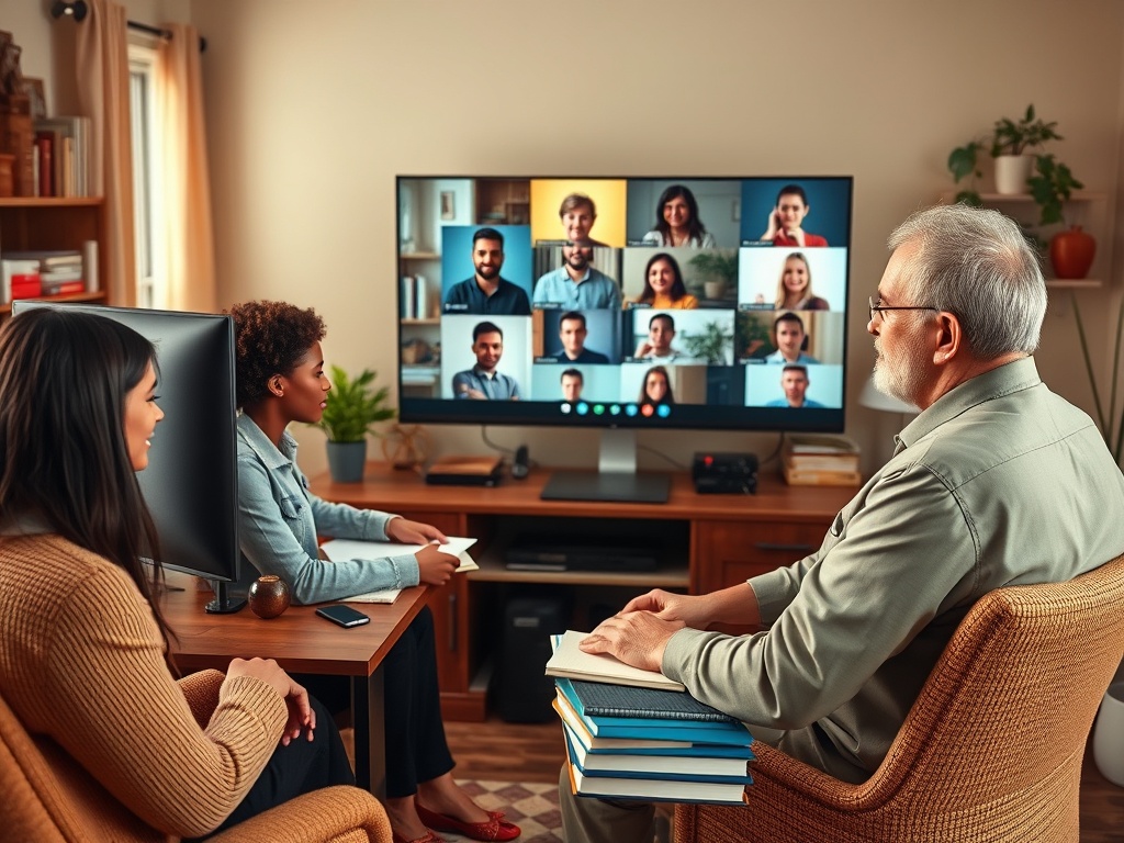 На экране телевизора – видеозвонок с несколькими участниками. Трое людей наблюдают за ним, сидя за столом.