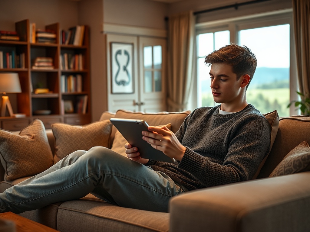 Молодой человек сидит на диване и смотрит на планшет в уютной комнате. На фоне — книги и окно.