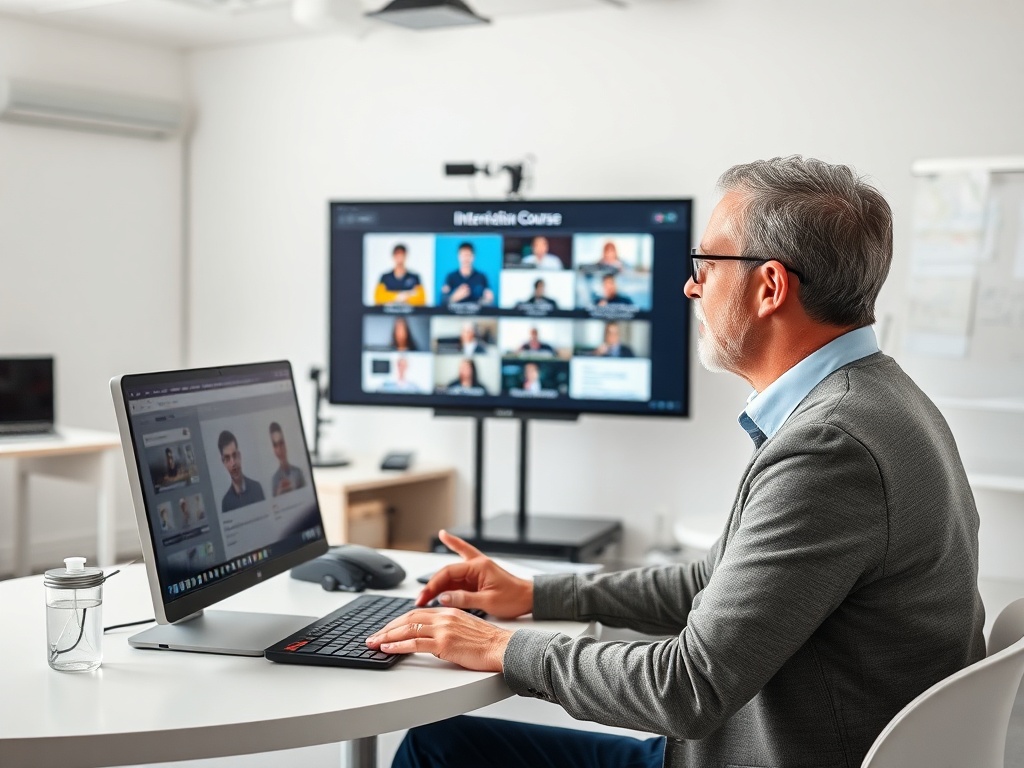 Мужчина занимается онлайн-курсом, работает за компьютером и смотрит на экран с участниками.