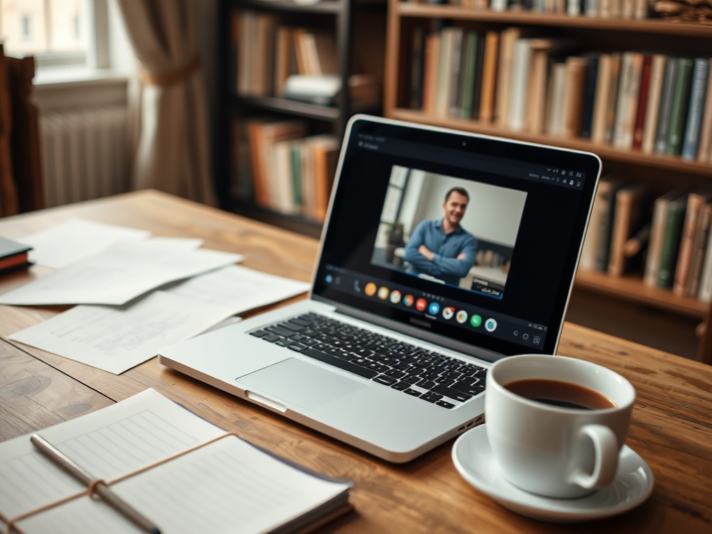 Ноутбук с видеозвонком, чашка кофе и документы на деревянном столе. На заднем плане книги в шкафу.