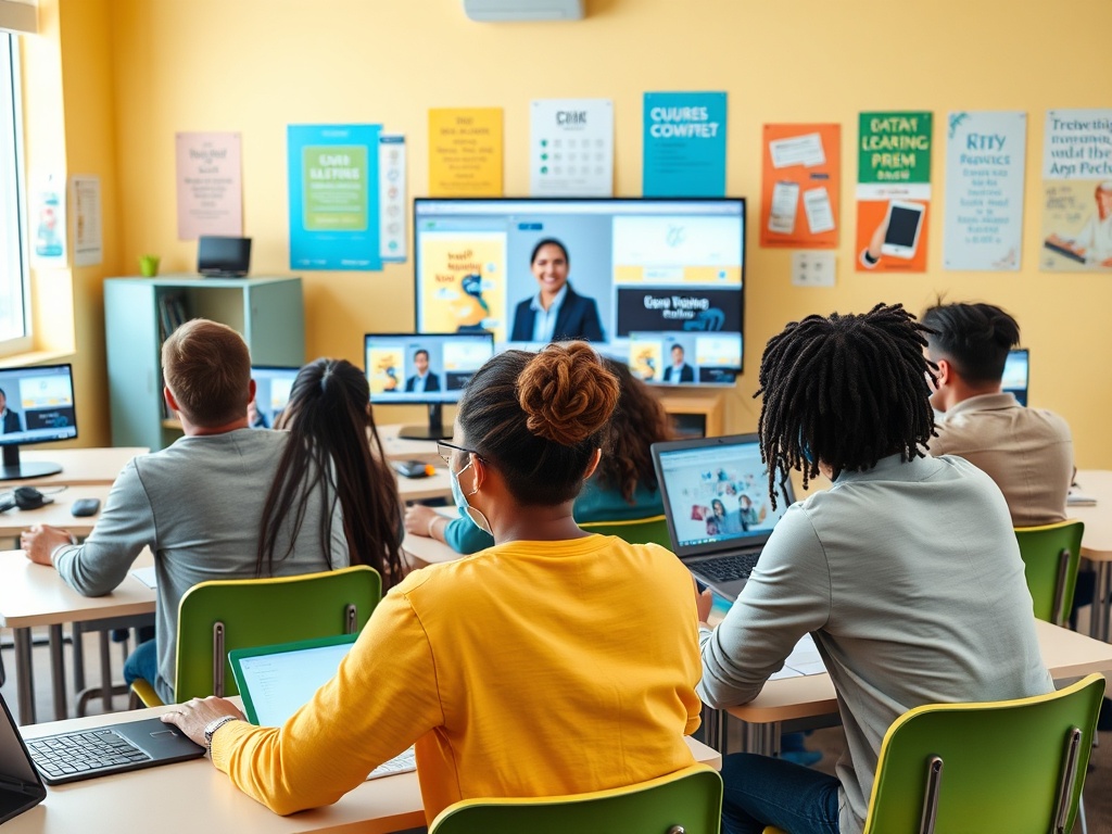 Студенты на онлайн-уроке смотрят на экран с преподавателем и используют ноутбуки в классной комнате.